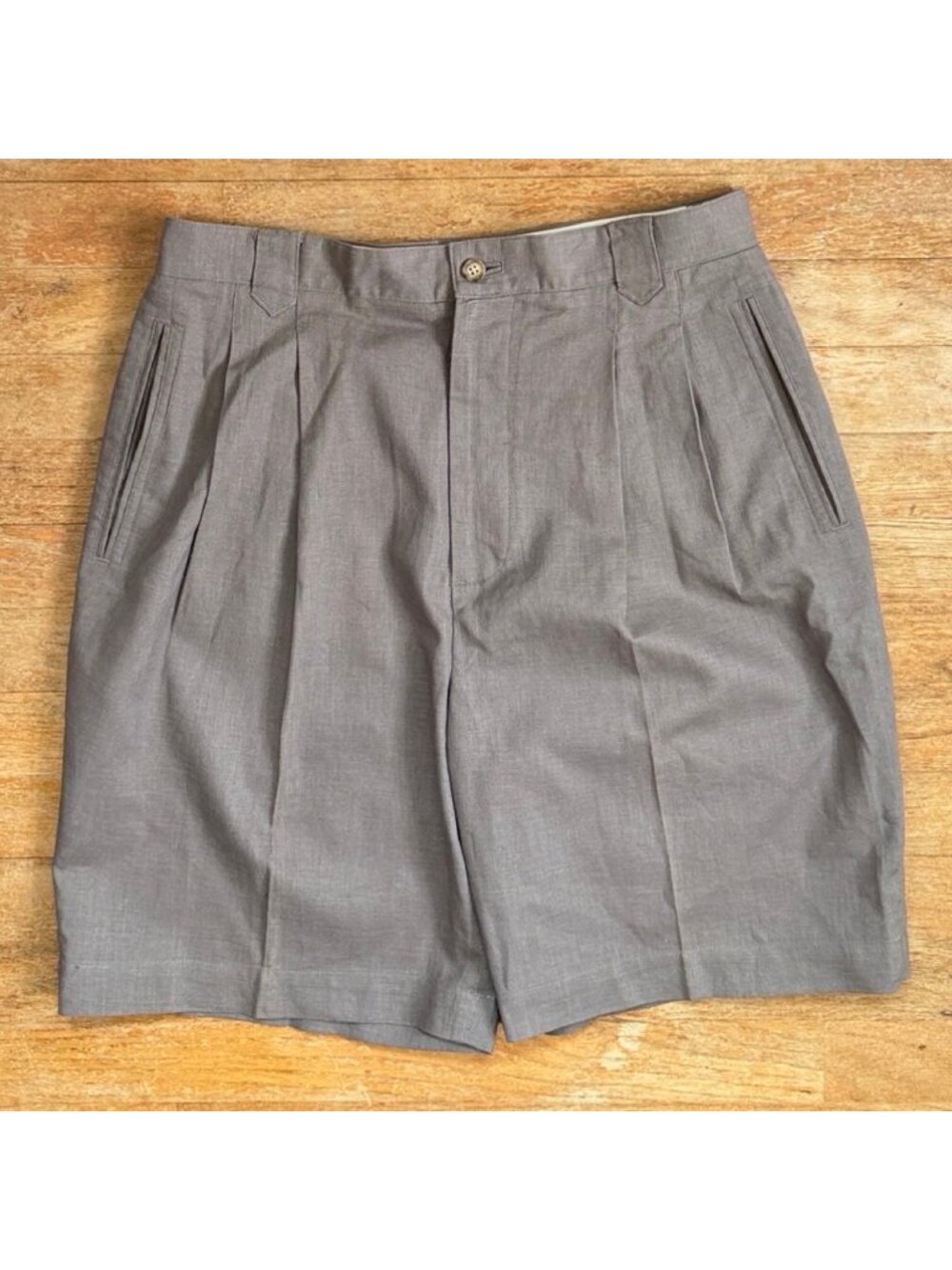 Vintage Mens Double Pleated Dress Shorts Size 32 Waist Taupe Gray Linen/Cotton